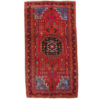Quchan Persian Rug 9x4 ft - Semi Antique Medallion (Toranj), Geometric Madder Red, Navy Blue, Ivory Hand Knotted | front view | SKU 111681