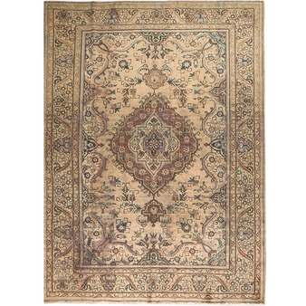Tabriz Persian Rug 9x6 ft - Semi Antique Medallion Toranj, Shah Abbasi Cream, Brown, Camel Hand Knotted | front view | SKU 111692
