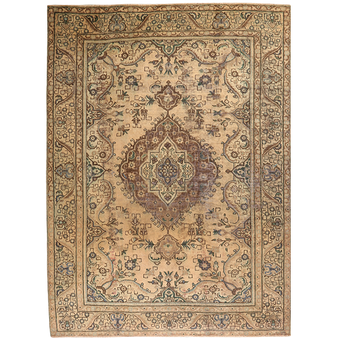 Tabriz Persian Rug 9x6 ft - Semi Antique Eslimi Medallion Cream Brown Camel Hand Knotted | front view | SKU 111693