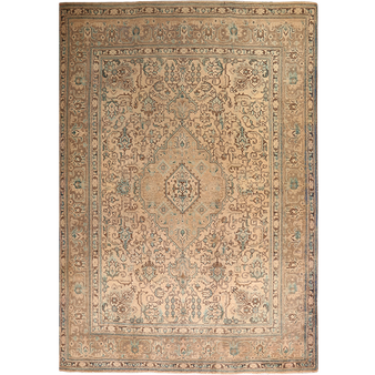 Tabriz Persian Rug 9x6 ft - Semi Antique Medallion (Toranj), Shah Abbasi Camel, Cream, Steel Blue Hand Knotted | front view | SKU 111695