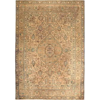 Tabriz Persian Rug 9x6 ft - Semi Antique Medallion Red, Cream Hand Knotted | front view | SKU 111696