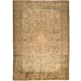 Tabriz Persian Rug 11x8 ft - Semi Antique Medallion Toranj Shah Abbasi Camel Cream Ivory Hand Knotted | front view | SKU 111697
