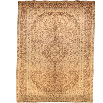 Kashan Persian Rug 12x9 ft - Semi Antique Medallion (Toranj), Shah Abbasi Cream, Beige, Camel Hand Knotted | front view | SKU 111698
