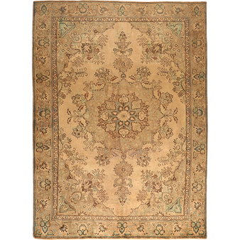 Tabriz Persian Rug 11x7 ft - Semi Antique Medallion (Toranj), Shah Abbasi Camel, Taupe, Brown Hand Knotted | front view | SKU 111699