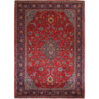 Sarouk Persian Rug 11x8 ft - Semi Antique Medallion Red, Blue Hand Knotted | front view | SKU 111711