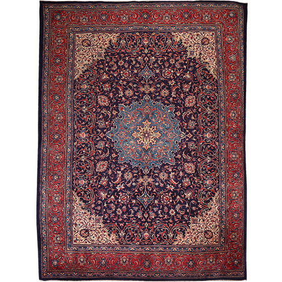 Mahal Persian Rug 13'3" x 10'0" - Semi Antique Medallion Ivory, Pink Hand Knotted | front view | SKU 111716