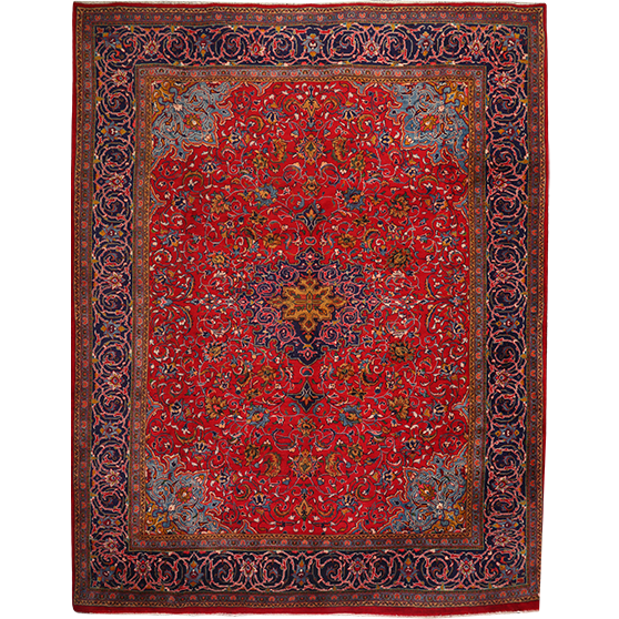 Mahal Persian Rug 12'10" x 10'1" - Semi Antique Medallion Ivory, Pink Hand Knotted | front view | SKU 111721