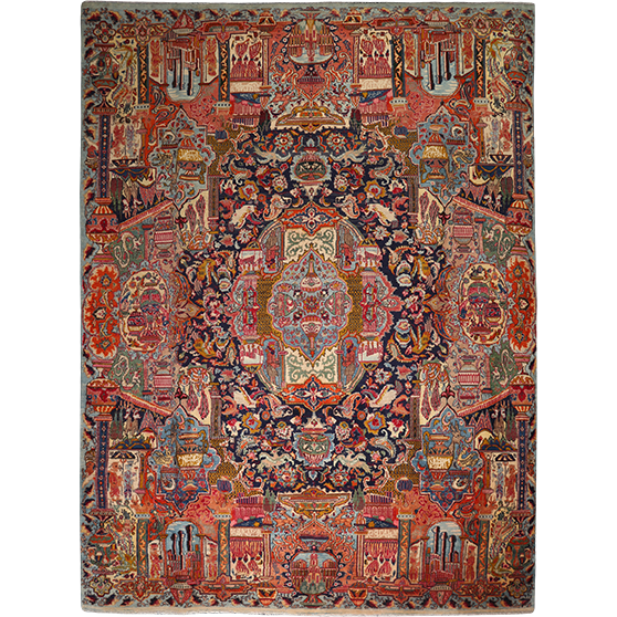 Kashmar Persian Rug 13x9 ft - Semi Antique Kheshti Garden, Shah Abbasi Madder Red, Navy Blue, Ivory Hand Knotted | front view | SKU 111722
