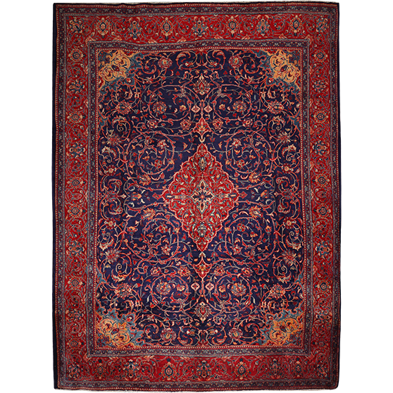 Mahal Persian Rug 12x10 ft - Semi Antique Eslimi Arabesque, Medallion Toranj Navy Blue, Madder Red, Rust Red Hand Knotted | front view | SKU 111723