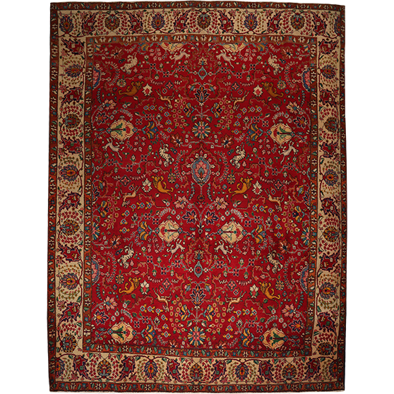 Tabriz Persian Rug 12x6 ft - Semi Antique Afshan All-Over, Shah Abbasi Madder Red, Cream, Navy Blue Hand Knotted | front view | SKU 111726
