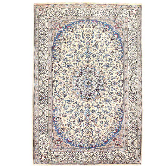 Tabas Persian Rug 9x6 ft - Semi Antique Medallion (Toranj), Shah Abbasi Ivory, Persian Blue, Burgundy Hand Knotted | front view | SKU 111800