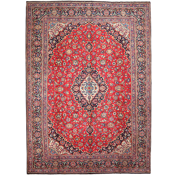Kashan Persian Rug 11'1" x 7'10" - Semi Antique Medallion Crimson, Navy Blue Hand Knotted | front view | SKU 111802