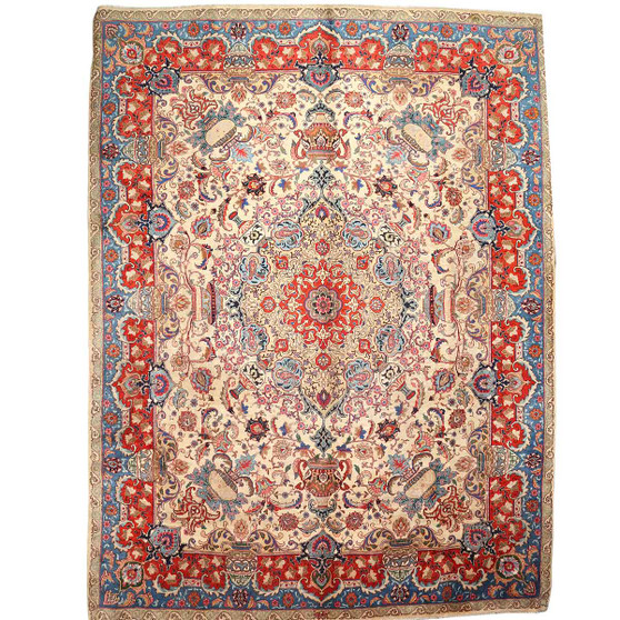 Kashmar Persian Rug 13x9 ft - Semi Antique Medallion (Toranj), Shah Abbasi Ivory, Crimson, Persian Blue Hand Knotted | front view | SKU 111803