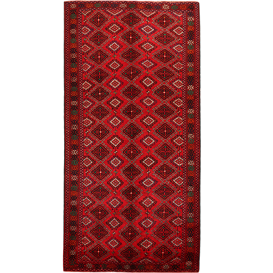 Quchan Persian Rug 10x4 ft - Semi Antique Medallion Red, Blue Hand Knotted | front view | SKU 111806