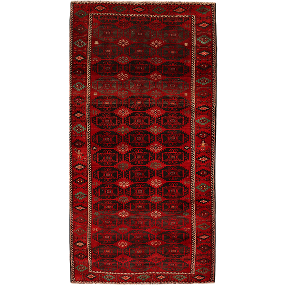 Baluch Persian Rug 9'7" x 4'9" - Semi Antique Mihrab Red, Blue Hand Knotted | front view | SKU 111807