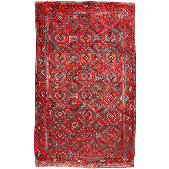 Quchan Persian Rug 9x5 ft - Semi Antique Medallion Red, Blue Hand Knotted | front view | SKU 111808
