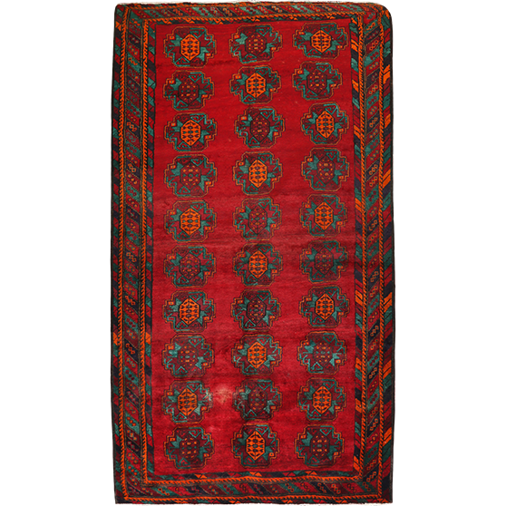 Quchan Persian Rug 10x5 ft - Semi Antique Medallion Red, Blue Hand Knotted | front view | SKU 111811