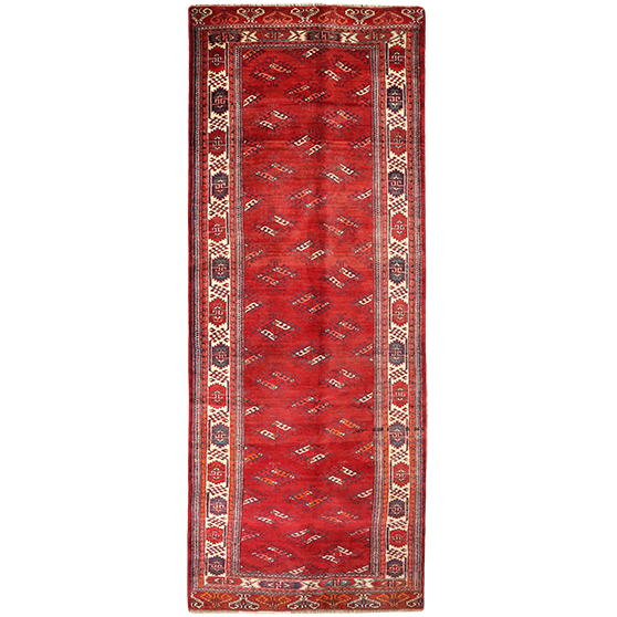 Baluch Persian Rug 12'2" x 4'7" - Semi Antique Mihrab Red, Blue Hand Knotted | front view | SKU 111812