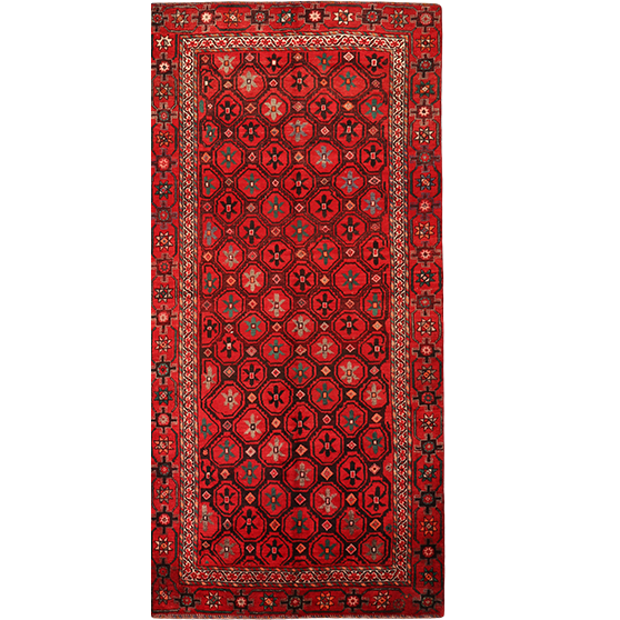Quchan Persian Rug 9'6" x 4'4" - Semi Antique Medallion Red, Blue Hand Knotted | front view | SKU 111813