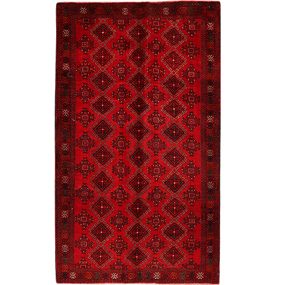 Baluch Persian Rug 9x5 ft - Semi Antique Mihrab Red, Blue Hand Knotted | front view | SKU 111814