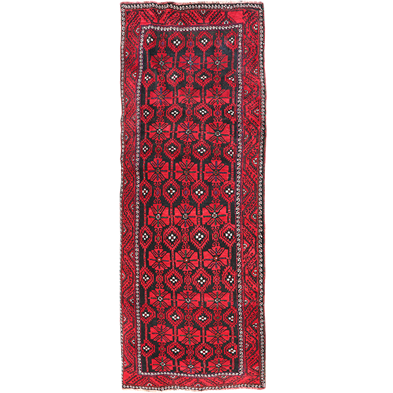 Baluch Persian Rug 13x5 ft - Semi Antique Herati (Mahi), Geometric Madder Red, Dark Red, Navy Blue Hand Knotted | front view | SKU 111815