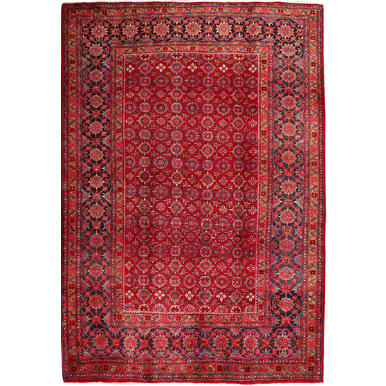 Varamin Persian Rug 9x6 ft - Semi Antique Afshan (All-Over), Herati (Mahi) Madder Red, Dark Red, Navy Blue Hand Knotted | front view | SKU 111818