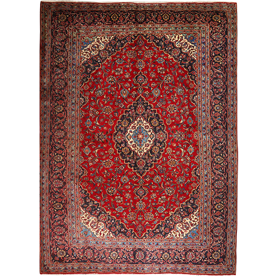 Kashan Persian Rug 11x7 ft - Semi Antique Medallion Crimson, Navy Blue Hand Knotted | front view | SKU 111819