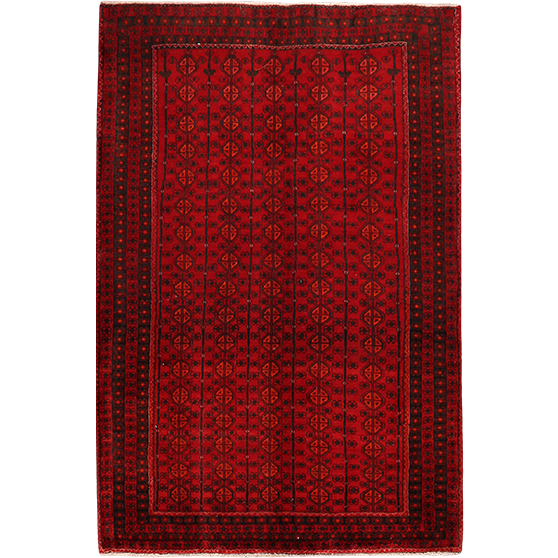 Baluch Persian Rug 6x4 ft - Semi Antique Geometric, Turkmen Gul Dark Red, Black, Burgundy Hand Knotted | front view | SKU 111823