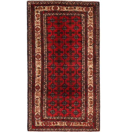 Baluch Persian Rug 6'11" x 3'8" - Semi Antique Mihrab Red, Blue Hand Knotted | front view | SKU 111824