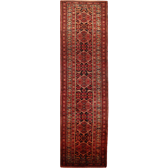 Quchan Persian Rug 12'2" x 2'11" - Antique Medallion Red, Blue Hand Knotted | front view | SKU 111826
