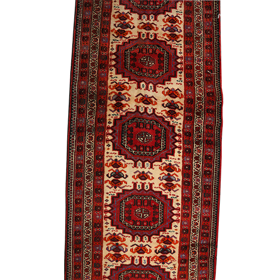 Quchan Persian Rug 13'11" x 2'7" - Antique Medallion Red, Blue Hand Knotted | front view | SKU 111827