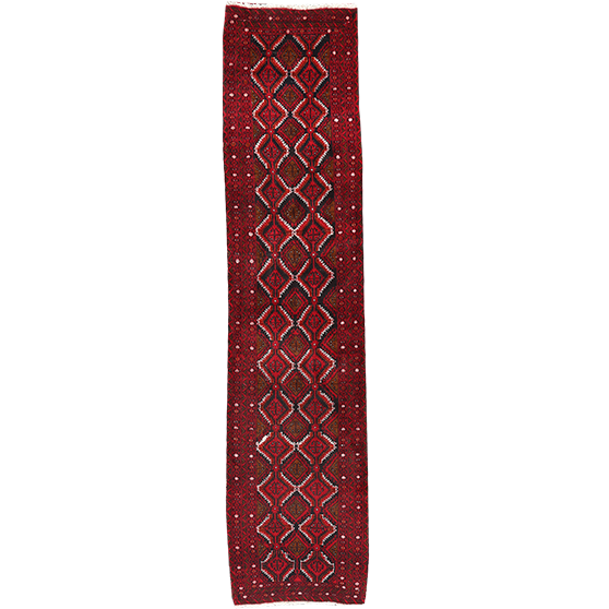 Baluch Persian Rug 10'0" x 2'2" - Semi Antique Mihrab Red, Blue Hand Knotted | front view | SKU 111829