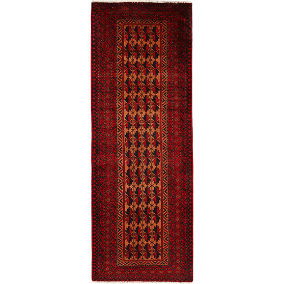 Baluch Persian Rug 7x2 ft - Semi Antique Mihrab Red, Blue Hand Knotted | front view | SKU 111831