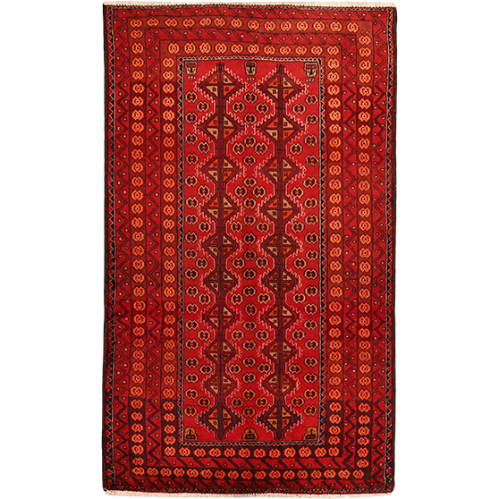 Baluch Persian Rug 6x3 ft - Semi Antique Geometric, Tribal and Nomadic Red, Dark Red, Burgundy Hand Knotted | front view | SKU 111836