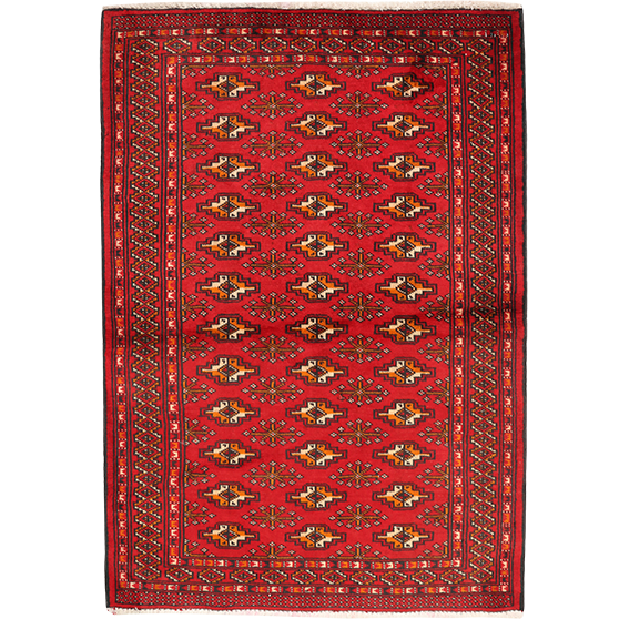 Turkmen Persian Rug 4x2 ft - Semi Antique Geometric, Turkmen Gul Crimson, Dark Red, Navy Blue Hand Knotted | front view | SKU 111837