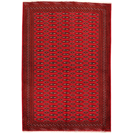 Turkmen Persian Rug 6'5" x 4'4" - Semi Antique Geometric Crimson, Navy Blue Hand Knotted | front view | SKU 111839