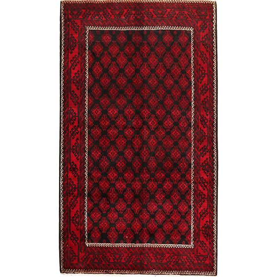 Baluch Persian Rug 7x4 ft - Semi Antique Diamond Lattice, Geometric Dark Red, Black, Cream Hand Knotted | front view | SKU 111840