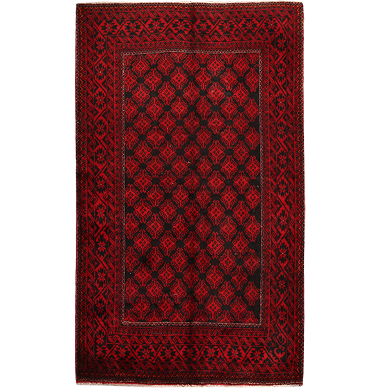 Baluch Persian Rug 7'5" x 4'5" - Semi Antique Mihrab Red, Blue Hand Knotted | front view | SKU 111841