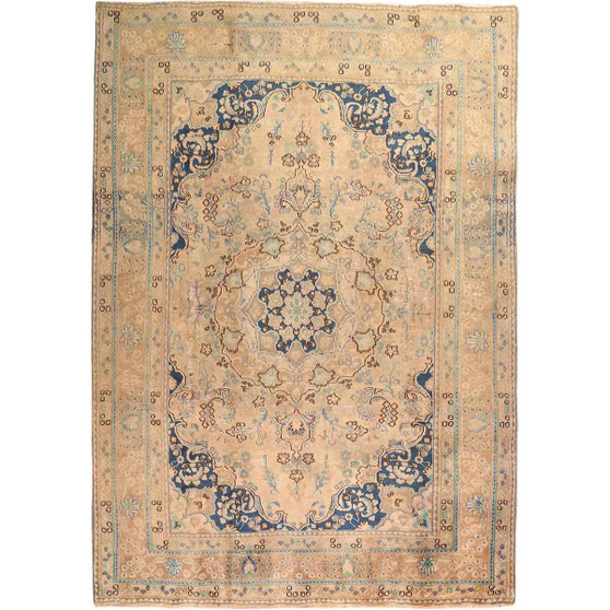Sabzevar Persian Rug 9x6 ft - Semi Antique Medallion Crimson, Beige Hand Knotted | front view | SKU 111902