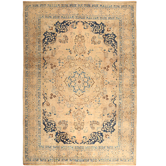 Sabzevar Persian Rug 9'8" x 6'3" - Semi Antique Medallion Crimson, Beige Hand Knotted | front view | SKU 111903