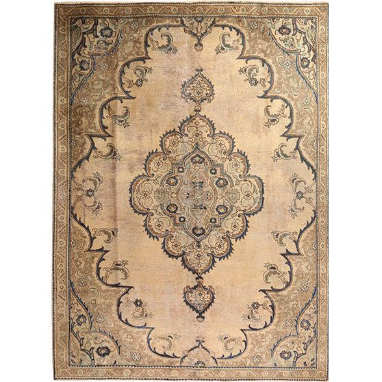 Tabriz Persian Rug 10x7 ft - Semi Antique Eslimi Medallion Cream, Camel, Brown Hand Knotted | front view | SKU 111904