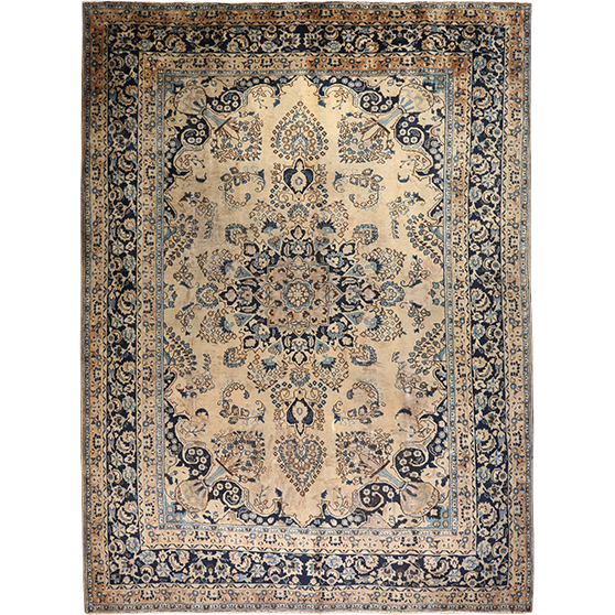 Sabzevar Persian Rug 11'3" x 8'2" - Semi Antique Medallion Crimson, Beige Hand Knotted | front view | SKU 111905