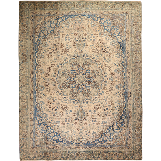 Sabzevar Persian Rug 12x8 ft - Semi Antique Shah Abbasi, Medallion (Toranj) Cream, Beige, Navy Blue Hand Knotted | front view | SKU 111910