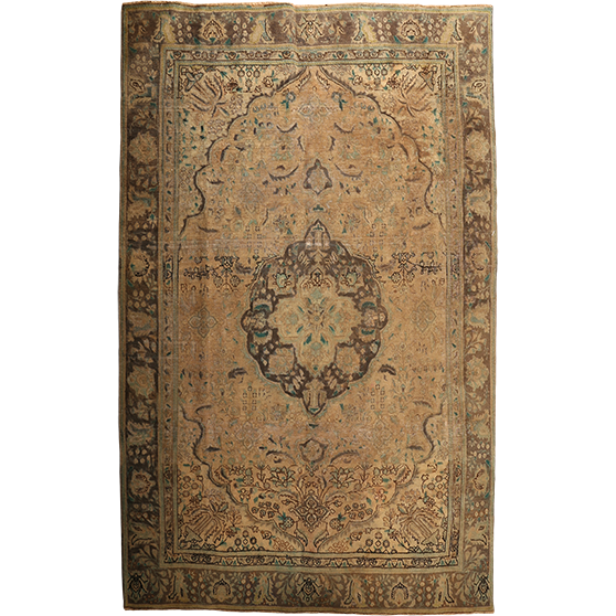 Tabriz Persian Rug 11x7 ft - Semi Antique Medallion (Toranj), Shah Abbasi Camel, Taupe, Brown Hand Knotted | front view | SKU 111911
