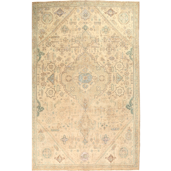 Tabriz Persian Rug 9x6 ft - Semi Antique Medallion Toranj Afshan Cream Beige Sage Green Hand Knotted | front view | SKU 111913