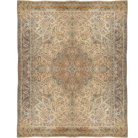 Tabriz Persian Rug 13x9 ft - Semi Antique Medallion (Toranj), Shah Abbasi Cream, Camel, Taupe Hand Knotted | front view | SKU 111916