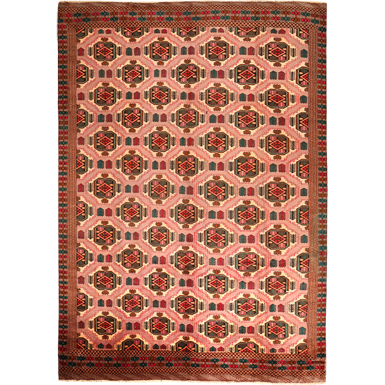 Turkmen Persian Rug 12x8 ft - Semi Antique Geometric Crimson, Navy Blue Hand Knotted | front view | SKU 111919