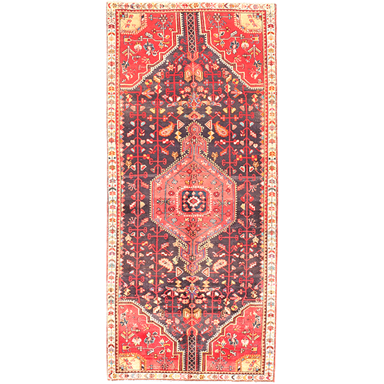 Tuyserkan Persian Rug 9'4" x 3'10" - Semi Antique Medallion Navy Blue, Blue Hand Knotted | front view | SKU 111921