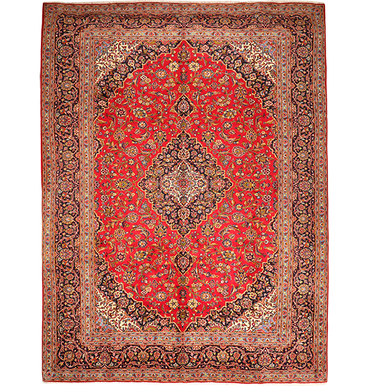 Kashan Persian Rug 13'0" x 9'9" - Semi Antique Medallion Crimson, Navy Blue Hand Knotted | front view | SKU 111922