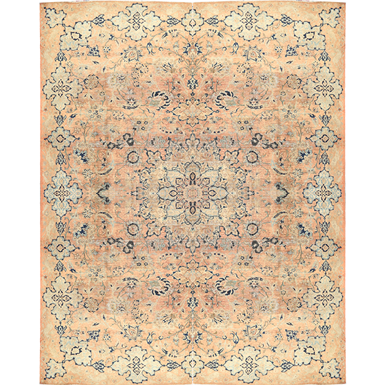 Kashan Persian Rug 14x10 ft - Semi Antique Medallion Crimson, Navy Blue Hand Knotted | front view | SKU 111926